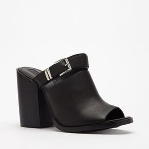 Black Faux Vegan Leather Buckled Peep-toe Mule Sandals
